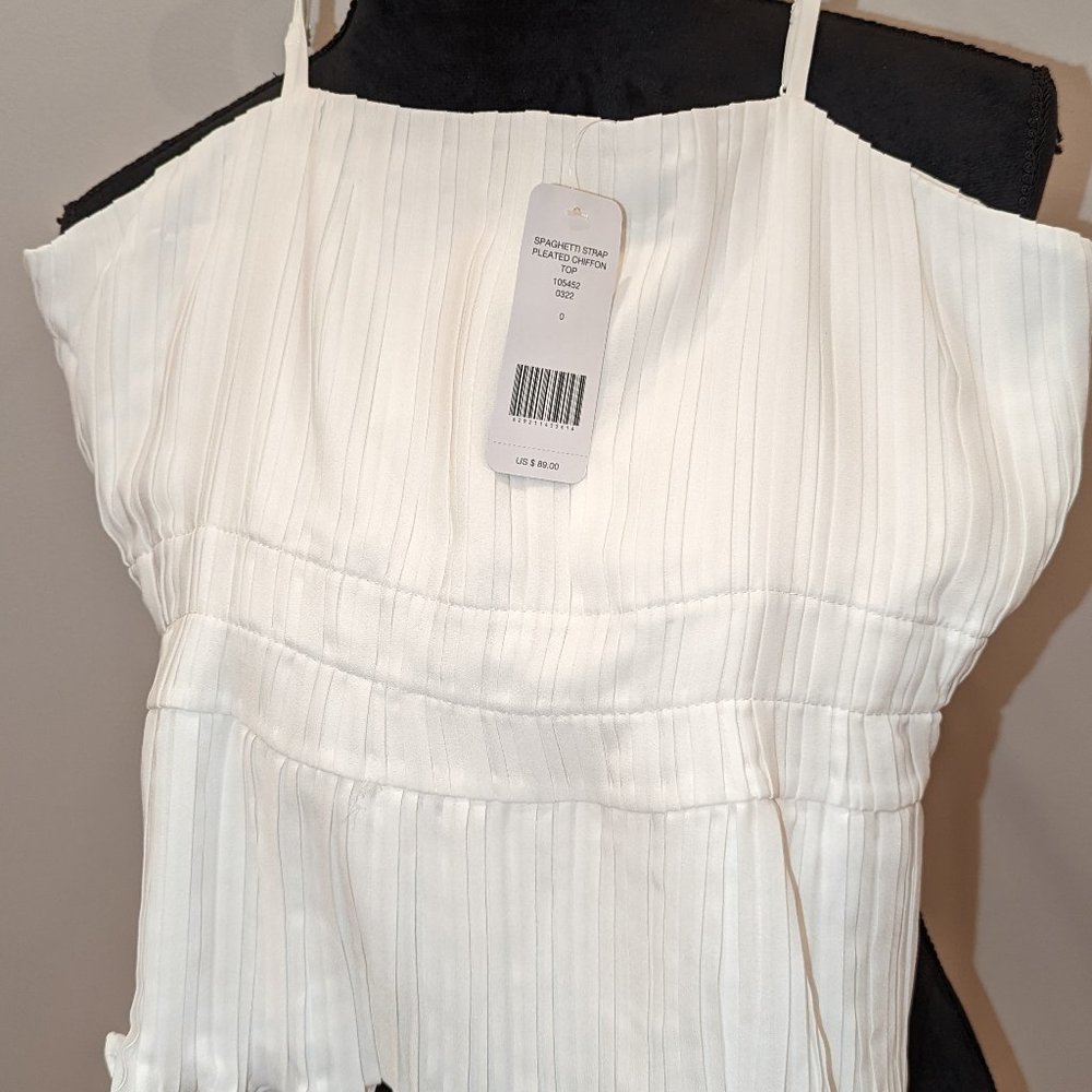 BEBE Spaghetti Strap Chiffon Pleated Top White 0